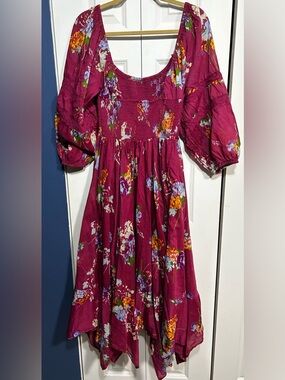 Free People Handkerchief dress Magenta Floral Puff-Sleeve Midi Dress